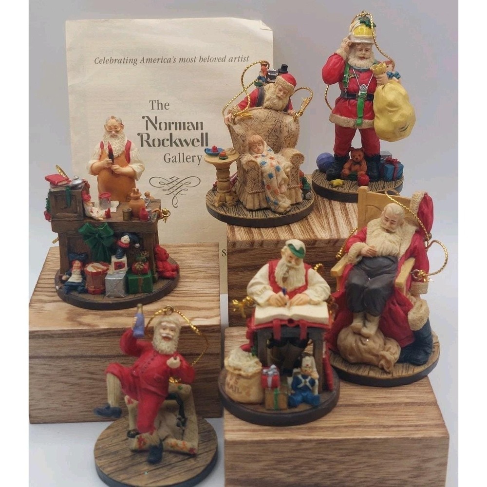 Norman Rockwell Christmas Ornament Set Celebration of Santa 6pc Vintage 90s